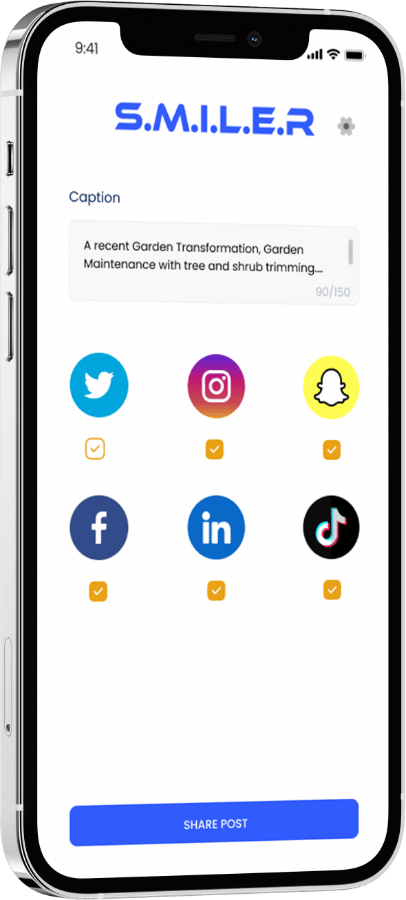 An image of a screen in the app showing the ability to select different social media networks to select before you upload