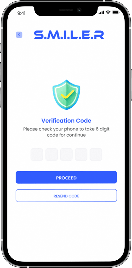 An image of the login process screen of the Smiler app where you add the 6 digit code you've been sent to login
